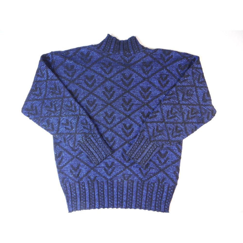 Vintage PRIVATE EYES Sparkle Blue Black Geometric Mock Neck Knit Sweater Women's